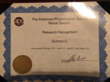 我院高血压研究所在读博士生李素春同学喜获美国生理学学会肾脏分会颁发的predoctoral award
